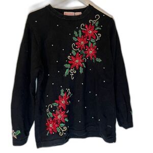 Basic Editions Holiday Embroidered Beaded Poinsettias Black Sweater Grannycore L